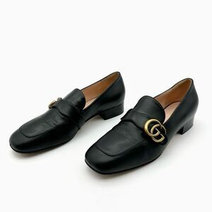GUCCI Malaga Square Toe GG Black Loafer 39 US 9 Leather Block Heel Flat Marmont